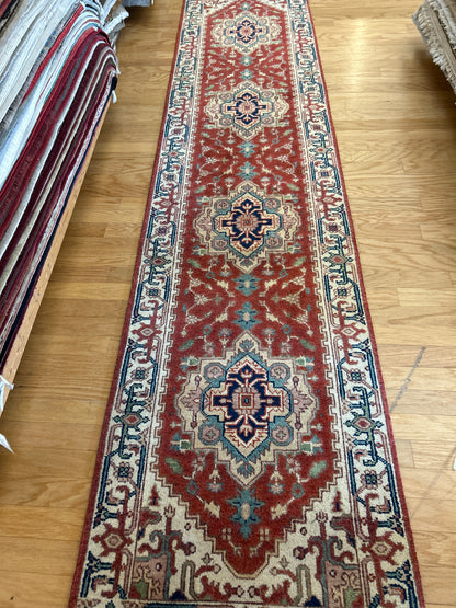 Indian Heriz Runner, 2'8" x 11'8", in ivory, navy, rust and teal