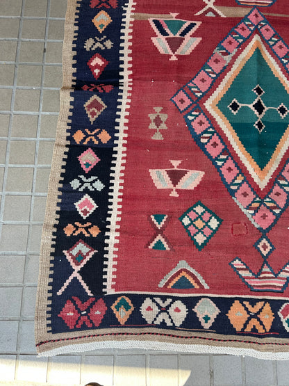 Vintage Turkish Bessarabian Kilim, 5' x 12'7", in ivory, navy, orange and red - photo 2