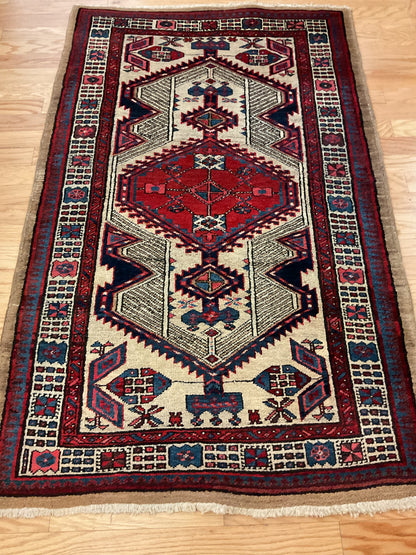Antique Persian Kurdish Sarab Rug, 3'9" x 5'10", in beige, ivory, navy and red - photo 2