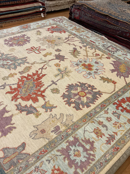 Afghan Oushak Rug, 8'10" x 11'10", in baby blue, gold, ivory and plum - photo 2