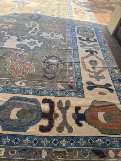 Turkish Oushak Rug, 16'4" x 21', in blue, green, ivory and rust - photo 8