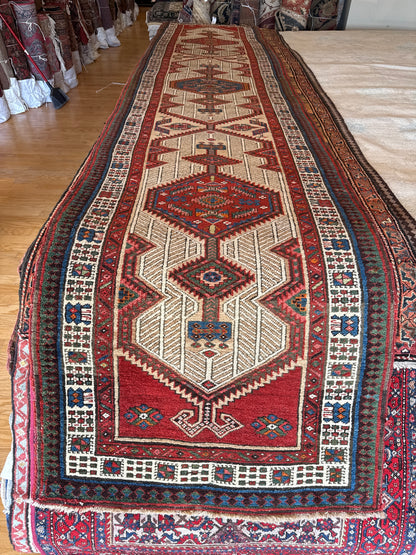 Antique Persian Kurdish Sarab Runner, 3'2" x 14'3", in beige, ivory, navy and red - photo 5