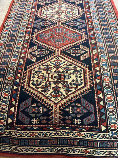 Antique Persian Northwest Runner, 3'5" x 14'10", in blue, ivory, navy and red