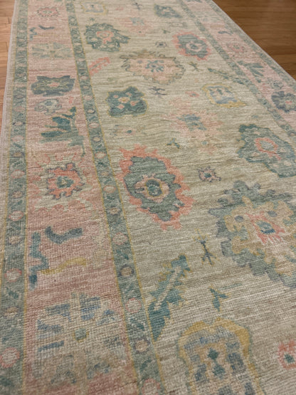 Pakistani Oushak Runner, 3'1" x 17'4", in green, ivory, pink and yellow - photo 4