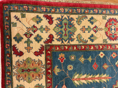 Afghan Kazak Rug, 8'1" x 9'8", in blue, camel and red - photo 5