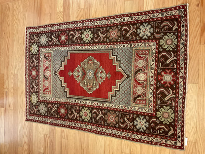 Vintage Turkish Anatolian Rug, 3'4" x 5', in brown, grey, ivory and red