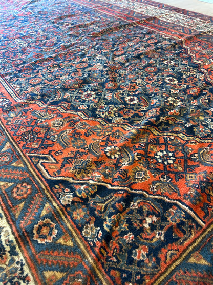 Antique Persian Kurdish Hamadan Runner, 7'1" x 16'10", in ivory, navy, orange and red - photo 6