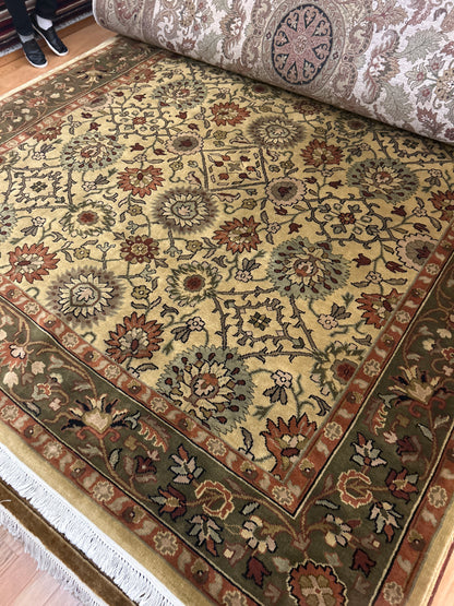 Indian Mohal Rug, 8'10" x 11'10", in gold, ivory, olive and rust