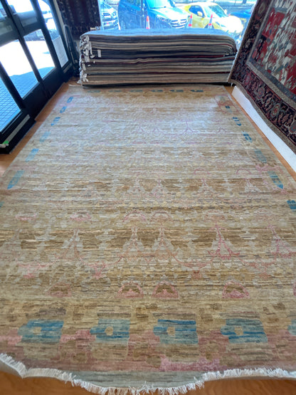 Indian Oushak Rug, 11'8" x 15'1", in baby blue, beige, gold and pink