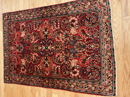 Antique Persian Sarouk Rug, 3'3" x 4'9", in beige, black, red and salmon