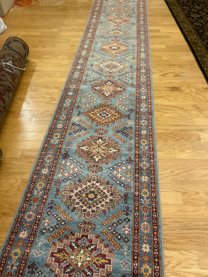 Afghan Kazak Runner, 2'6" x 19'4", in baby blue, gold and rust - photo 6