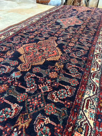 Vintage Persian Kurdish Runner, 3'6" x 16'1", in ivory, navy, red and salmon