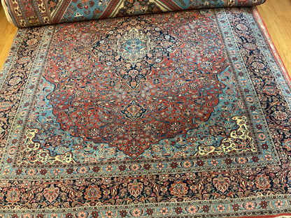 Antique Persian Kashan Rug, 8'10" x 11'6", in baby blue, navy and pink