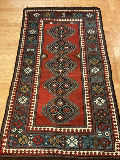 Antique Turkish Kurdish Rug, 3'9" x 6'2", in blue, brown, ivory and red
