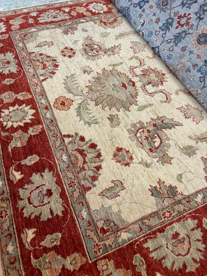 Pakistani Peshawar Rug, 7'3" x 9', in beige, green, ivory and red - photo 3
