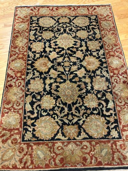 Indian Agra Jaipur Rug, 4' x 6', in black and burgundy