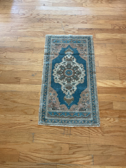 Vintage Turkish Anatolian Rug, 1'8" x 3'6", in brown, ivory and teal