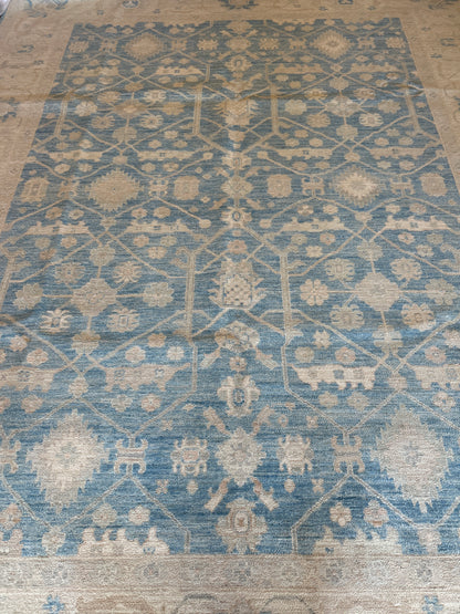 Afghan Oushak Rug, 9' x 11'8", in beige, blue and tan