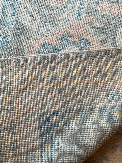 Turkish Oushak Runner, 3' x 13'11", in baby blue, blue, grey and peach - photo 4