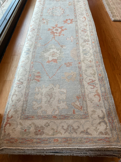Turkish Oushak Runner, 3'1" x 13'6", in baby blue, ivory and rust - photo 2