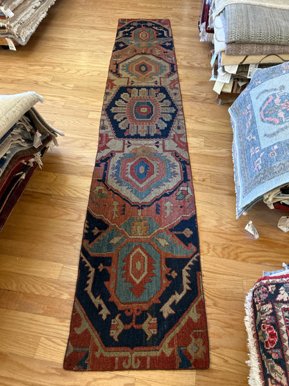 Antique Persian Serapi Runner, 1'10" x 10'4", in brick, khaki, navy and red