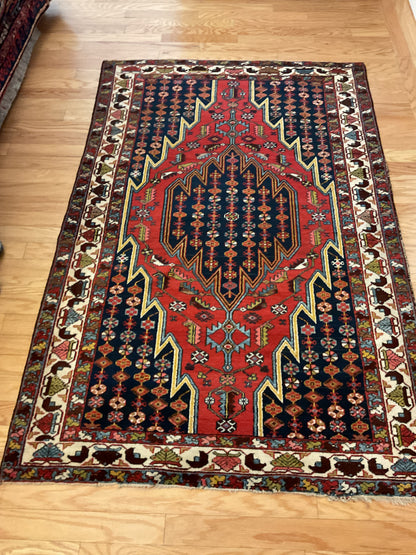 Antique Persian Hamadan Rug, 4'4" x 6'6", in gold, ivory, navy and red