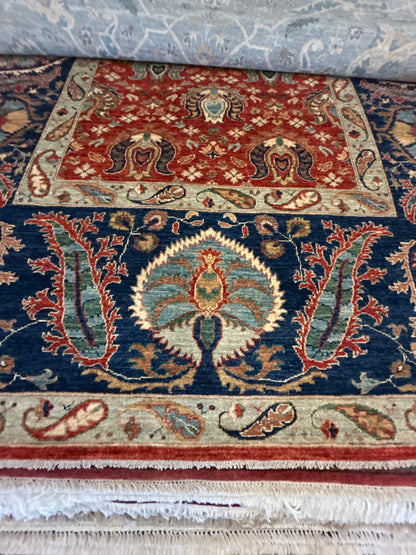 Afghan Mohal Rug, 8' x 10', in ivory, navy, red and teal