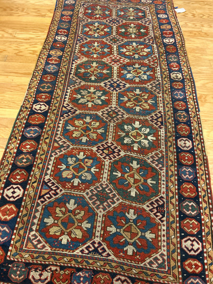 Antique Russian Kazak Runner, 4' x 8'5", in blue, gold, ivory and navy - photo 4