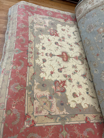 Persian Tabriz Rug with Silk, 8' x 11'6", in cream, grey and salmon