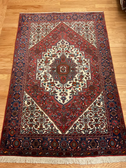 Vintage Persian Gultag Rug, 4' x 6'6", in brick, ivory, navy and red