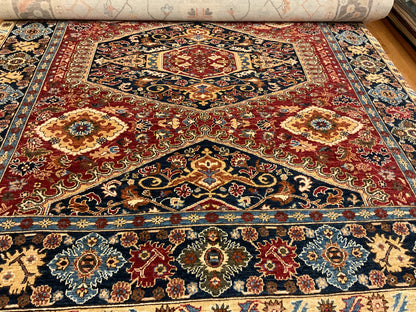 Pakistani Kazak Rug, 9'3" x 9'8", in blue, gold, navy and red