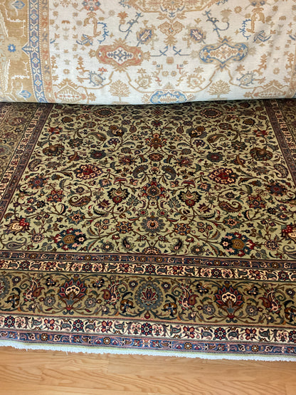 Vintage Persian Kashan Rug, 9'7" x 12'10", in ivory, khaki, navy and red