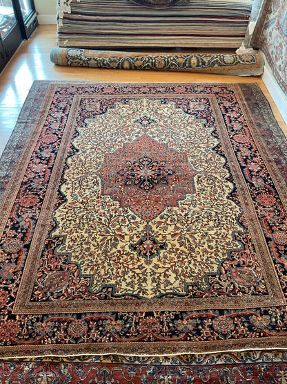 Antique Persian Sarouk Farrahan Rug, 8'10" x 11'10", in ivory, navy and red