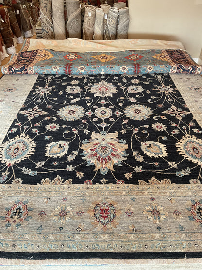 Indian Mohal Rug, 10'1" x 14', in baby blue, beige, black and grey