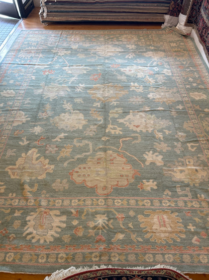 Afghan Oushak Rug, 12'1" x 15', in beige, gold, green and peach