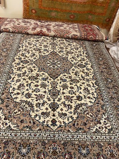 Persian Kashan Rug, 6'6" x 9'8", in beige, brown, ivory and navy