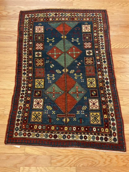 Antique Russian Kazak Rug, 3' x 4'9", in blue, brick and green