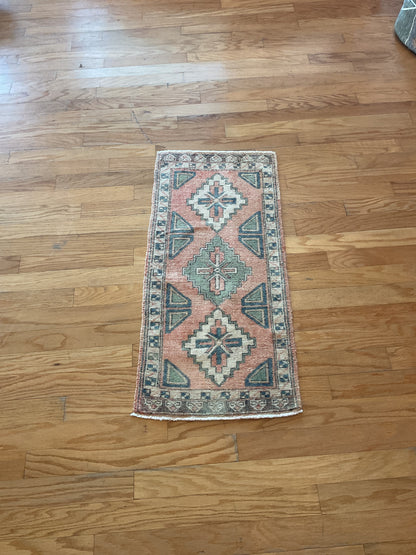 Vintage Turkish Anatolian Rug, 1'8" x 3'6", in green, grey, ivory and salmon