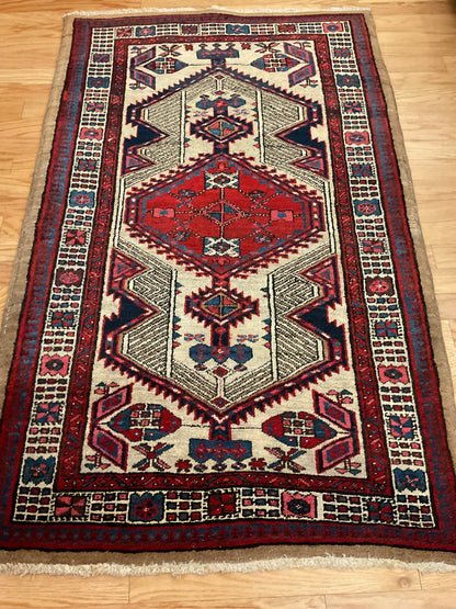 Antique Persian Kurdish Sarab Rug, 3'9" x 5'10", in beige, ivory, navy and red