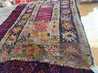 Antique Turkish Kilim, 3'10" x 5'3", in black, ivory, orange and pink