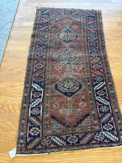 Antique Persian Heriz Rug, 3' x 5'3", in brick, navy, rust and teal