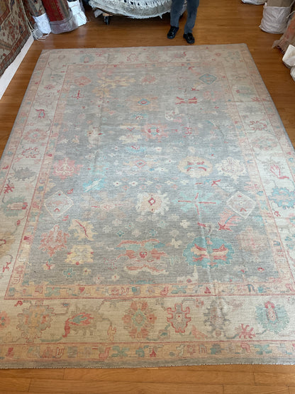 Afghan Oushak Rug, 9'10" x 14', in beige, green, grey and pink - photo 2