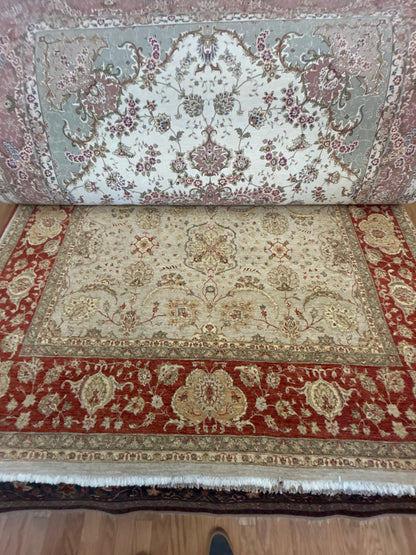 Indian Peshawar Rug, 8' x 10', in beige, gold, ivory and red