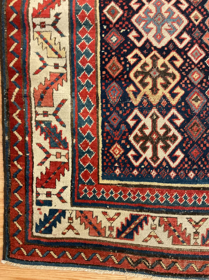 Antique Russian Kazak Runner, 3'4" x 8'1", in ivory, navy, red and teal