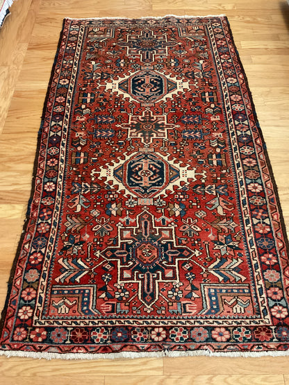 Vintage Persian Karajh Rug, 3'9" x 6'9", in ivory, navy and rust