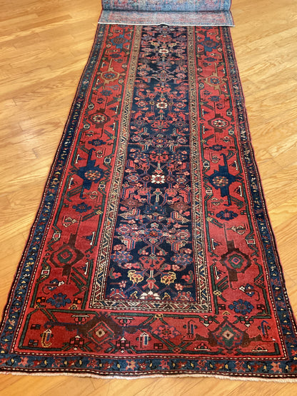 Antique Persian Malayer Runner, 3'3" x 16'8", in blue, brick and navy