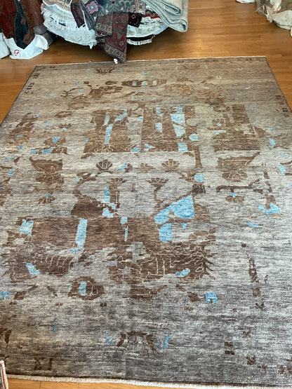 Turkish Oushak Rug, 9'3" x 12'3", in baby blue, brown and grey