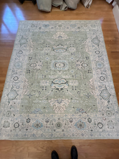 Pakistani Oushak Rug, 8' x 9'9", in green, grey and ivory