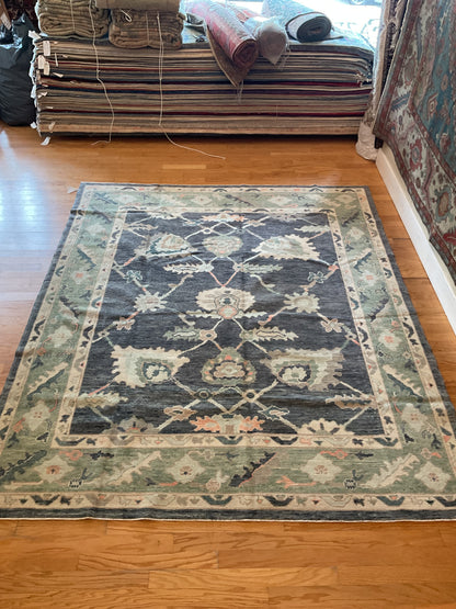 Turkish Oushak Rug, 8'1" x 9'6", in charcoal, green, ivory and peach