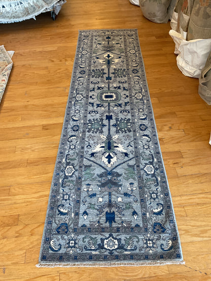 Pakistani Peshawar Runner, 2'7" x 9'10", in blue, grey, ivory and navy